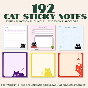 Peut inclure: Une collection numérique de 192 notes adhésives avec des chats, comprenant 32 designs en 6 couleurs. L'ensemble inclut des modèles pour les tâches quotidiennes, les notes importantes et le suivi de l'hydratation, illustrés de chats noirs.