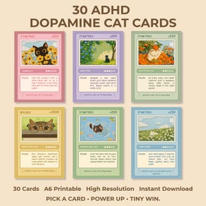 May include: A set of 30 ADHD Dopamine Cat Cards featuring six illustrated trading cards with cat-themed activities. Each card displays a colorful border, a cat illustration, a power level, and text instructions for various self-care tasks.