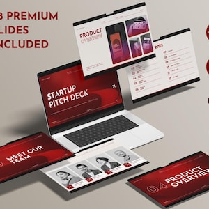 Może przedstawiać: Cyfrowa prezentacja pitch deck dla startupów w czerwono-białej kolorystyce. Ekran laptopa wyświetla "STARTUP PITCH DECK". Dodatkowe slajdy obejmują "PRODUCT OVERVIEW" i "MEET OUR TEAM". Obraz zawiera tekst "28 PREMIUM SLIDES INCLUDED".
