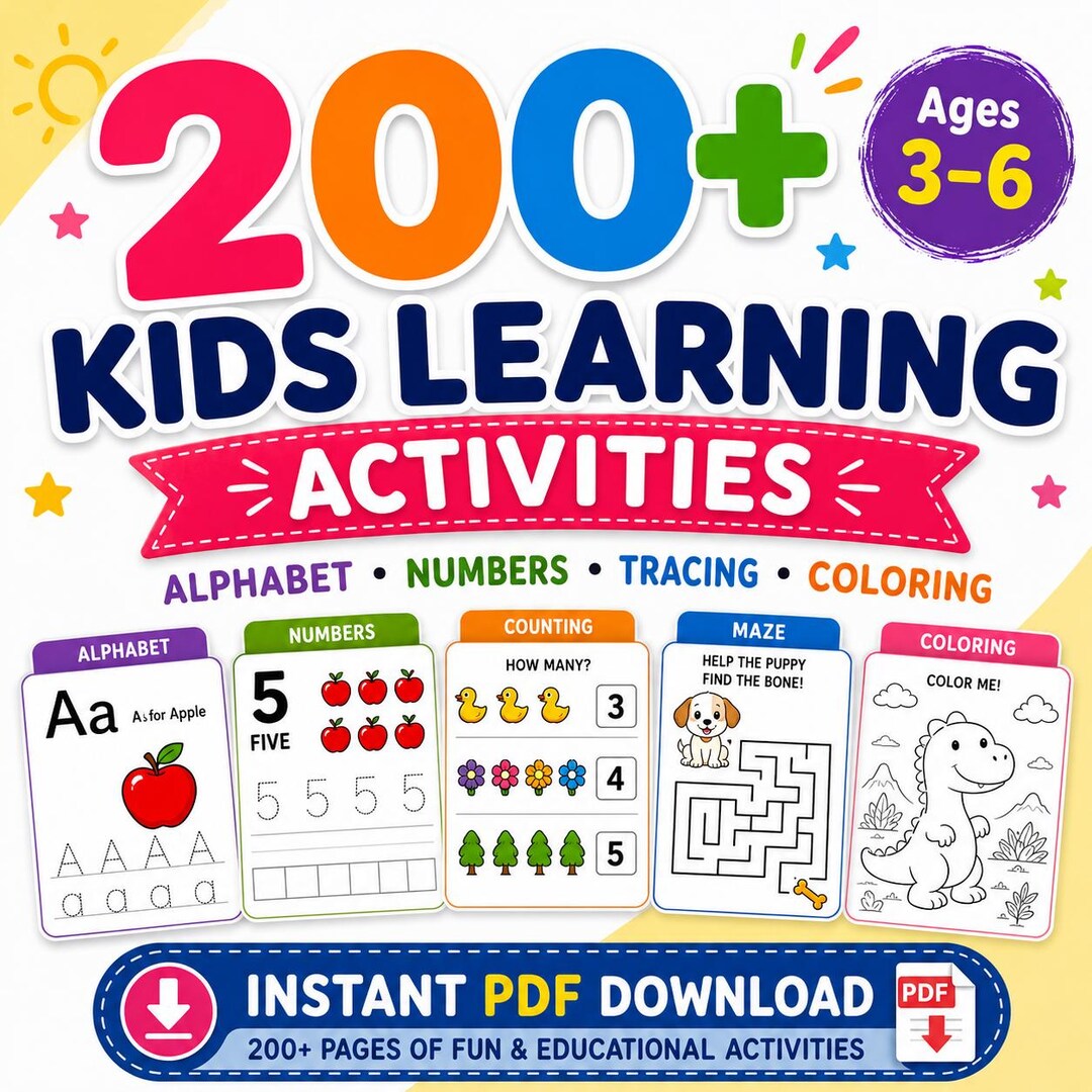 Preschool Learning Activity Book, 200+ Kids Worksheets PDF (digital