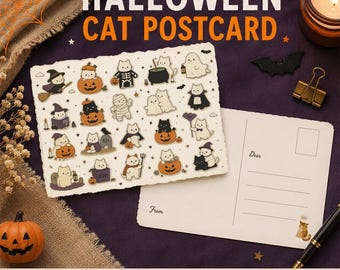 May include: A rectangular postcard featuring a pattern of cartoon cats in various Halloween costumes, including pumpkins, ghosts, and skeletons. The reverse side is cream-colored with lines for writing and the words Dear and From printed in black ink.