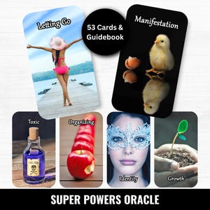 Puede incluir: Una baraja de cartas de oráculo titulada "Super Powers Oracle". La baraja incluye cartas con imágenes y palabras como "Letting Go", "Manifestation", "Toxic", "Organizing", "Identity" y "Growth". La baraja incluye 53 cartas y una guía.