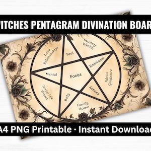 Könnte beinhalten: Ein rechteckiges Divinationsbrett mit einem zentralen schwarzen Pentagramm auf beigem Hintergrund. Das Brett enthält Textbeschriftungen: Love Relationships, Money Wealth, Soul, Emotional, Advice Guidance, Mental, Focus, Actions, Body, Social Life Travel und Family Home. Der Rand ist mit dunklen Blumenillustrationen verziert.