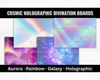 Cosmic Holographic Divination Boards Printable A4, Aurora Rainbow Galaxy and Holographic Oracle Reading Boards, Charm Casting Mat