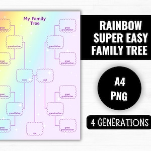 May include: A family tree chart with a pastel rainbow gradient background. The chart includes spaces for four generations, with the words "My Family Tree" at the top. The text "RAINBOW SUPER EASY FAMILY TREE" is also visible.