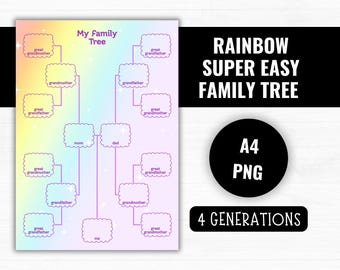 Rainbow Super Easy Family Tree for Kids, Printable A4 PNG, 4 Generations, Ancestry & Family Connection Chart, Simple Genealogy Tool