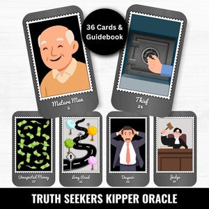 May include: A deck of Truth Seekers Kipper Oracle cards. The cards feature illustrations of a mature man, a thief, unexpected money, a long road, despair, and a judge. The deck includes 36 cards and a guidebook.