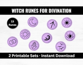 Witch Runes for Divination, Printable Witchy Runes & Divination Charms, Oracle Charm Casting Set (13 Runes), Mini Guide Included
