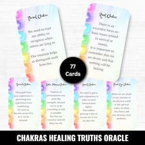 May include: A deck of 77 oracle cards focused on chakra healing truths. Each card displays a different chakra, like the Throat Chakra and Root Chakra, with associated affirmations. The cards have a colourful, rainbow design.