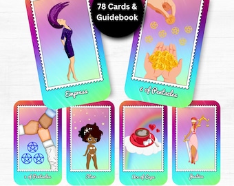 Fun and Color Tarot, Printable Tarot Deck, Rider Waite Inspired Tarot Cards, 78 Card Tarot with Guidebook, Cute Tarot Digital Download