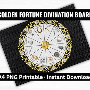 Puede incluir: Un Golden Fortune Divination Board A4 PNG imprimible de descarga instantánea con una rueda circular blanca dividida en doce segmentos con iconos y texto, enmarcada por un borde dorado con cristales incrustados sobre un fondo negro.