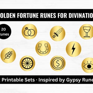 Golden Fortune Runes for Divination | Printable Gypsy Runes & Divination Charms | Oracle Charm Casting Set | 20 Runes | Mini Guide Included
