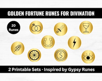 Golden Fortune Runes for Divination, Printable Gypsy Runes & Divination Charms, Oracle Charm Casting Set (20 Runes), Mini Guide Included