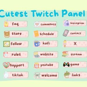 Puede incluir: Un gráfico verde claro con el texto "Cutest Twitch Panel" y varios botones rosas con iconos y texto como "Spotify", "Merch", "Instagram" y "Discord".
