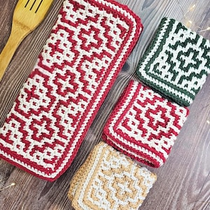 2 in 1, MOSAIC CROCHET PATTERNS, Hand Towel/ Tea towel & Washcloth/Dishcloth, Geometric Design