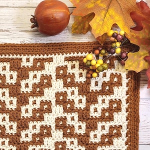 Può includere: Una coperta all'uncinetto marrone e crema con un motivo geometrico. La coperta è rettangolare e ha un aspetto strutturato. Foglie autunnali e bacche sono disposte attorno alla coperta.