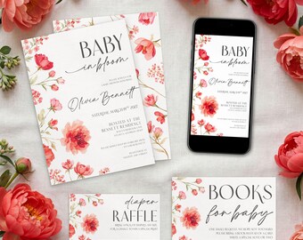 Pink Peony Baby in Bloom Baby Shower Invitation Suite with Mobile Invite (Editable Canva Templates)