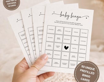 50 Prefilled Baby Shower Bingo Cards, 50 Unique Bingo Cards, Baby Shower Bingo Game, Baby Gift Bingo, Ready to Print, Editable Template