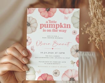 A Little Pumpkin Is On The Way Baby Shower Invite, Fall Pumpkin Invite, Editable Canva Template, Autumn Baby, Pink Baby Shower Invitation