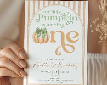 Our Little Pumpkin Is Turning One Invitation, Fall First Birthday, Editable Canva Template, Gender Neutral Birthday, Boy Fall Birthday