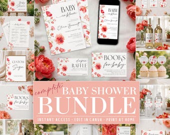 Pink Peony Baby in Bloom Baby Shower Invitation Bundle, Games, Signs (Editable Canva Templates)