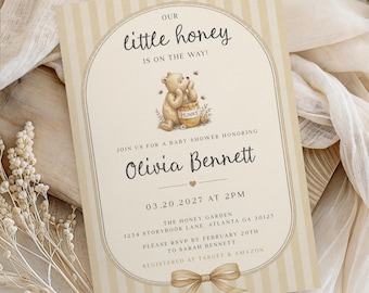 Little Honey Baby Shower Invitation, Classic Winnie the Pooh Bear + Mobile Invite, Instant Download, Gender Neutral Editable Canva Template