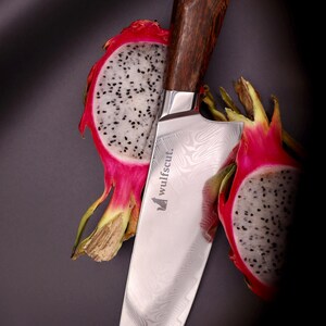 Santoku Damascus messenset – 6-delig inclusief broodmes en koksmes | 67 lagen handgesmeed Damascusstaal afbeelding 10