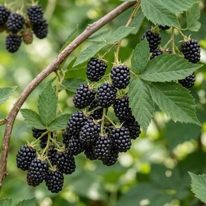 May include: A close-up of a blackberry bush with ripe, dark purple berries. The berries are clustered on branches with green leaves. The image is well-lit, showing the texture of the berries and leaves.