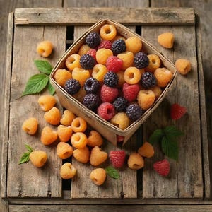 May include: A wooden basket filled with a variety of fresh raspberries and blackberries. The berries are a mix of red, yellow, and dark purple hues, scattered on a rustic wooden surface. Green leaves are also visible.