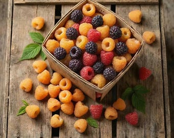 May include: A wooden basket filled with a variety of fresh raspberries and blackberries. The berries are a mix of red, yellow, and dark purple hues, scattered on a rustic wooden surface. Green leaves are also visible.