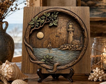 Painel de Arte de Parede com Paisagem Marinha e Farol | Relevo de Barco à Vela com Lua na Costa | Design Náutico em Relevo CNC | Decoração com Moldura Redonda e Farol no Oceano