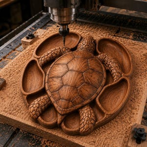 May include: A brown wooden serving tray carved into the shape of a sea turtle with a central shell compartment surrounded by four smaller recessed sections, positioned under a CNC machine spindle on a wooden base covered in wood shavings.