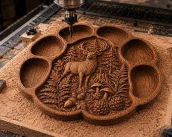 May include: A brown wooden tray with a paw print shape featuring a detailed relief carving of a deer standing in a forest with pine trees, ferns, mushrooms, acorns, and pinecones. The tray is positioned under a CNC machine router bit.
