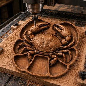 May include: A dark brown wooden serving tray carved into the shape of a crab with multiple recessed compartments. The tray features a detailed relief of a crab in the center, with its claws raised, positioned under a CNC milling machine spindle.