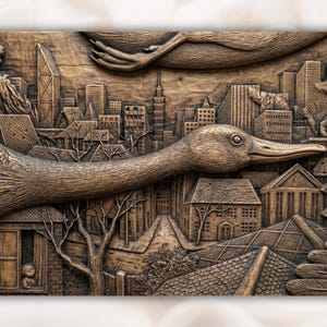 May include: A detailed, brown wooden relief carving depicts a duck flying over a city. The artwork features buildings, trees, and a person looking out a window. The duck's long neck and beak are prominent, with the city skyline in the background.