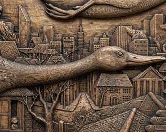 Giant Duck flyby city skyline  STL Relief | Surreal Bird 3D Carving File for CNC Router | Aspire, VCarve Pro, Carveco, Fusion 360, ArtCAM