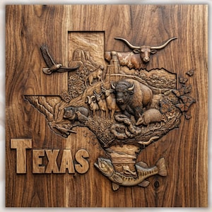 Könnte beinhalten: Ein Wandkunstwerk aus Holz in Form von Texas, mit detaillierten Reliefs eines Longhorns, Bisons, Adlers und anderer Wildtiere. Das Wort "TEXAS" ist in großen Buchstaben unten eingraviert. Das Holz hat eine warme, natürliche Oberfläche.