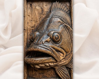 Bass Fish 3D Relief STL File | Big Mouth Fish Wood Grain CNC Carving | Fishing Wall Art Panel | 3D Print & Laser Engraving STL