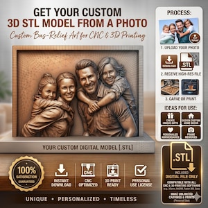 May include: A 3D bas-relief model of a family, created from a photo, suitable for CNC and 3D printing. The image includes text that says "Get Your Custom 3D STL Model From a Photo" and "Your Custom Digital Model [.STL]."