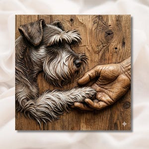 Puede incluir: Una detallada talla de madera representa a un perro Schnauzer extendiendo su pata para tocar una mano humana. El pelaje del perro est&aacute; texturizado en tonos grises y blancos, contrastando con los c&aacute;lidos tonos marrones de la madera y la mano. La obra est&aacute; montada en un panel de madera.