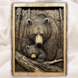 May include: A wooden relief carving depicting a mother bear and her cub. The bears are brown with detailed fur, set against a backdrop of trees. The artwork is framed in a natural wood border.