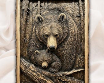 Bear and Cub 3D Relief STL File | Rustic Wood Grain CNC Carving Design | Wildlife Forest Wall Art Panel | 3D Print and Laser Engraving