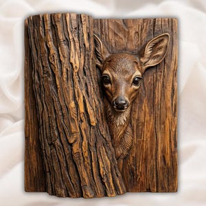 May include: A detailed wooden carving of a deer peeking out from behind a tree trunk. The deer has large, dark eyes and a brown coat. The tree trunk is textured with carved bark, and the overall color is a warm brown.