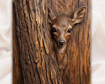 Kiekeboe hert fawn 3D-reliëf STL | Woodland Wildlife houtsnijwerk paneel | CNC-routerbestand, 3D-print, lasergravure | Woondecoraties