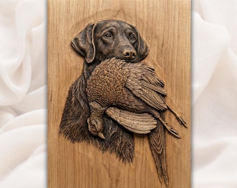 Retriever With Pheasant 3D Relief STL | Hunting Dog Trophy Portrait Panel | CNC Router Carving File, 3D Print, Laser Engrave | Home Decor