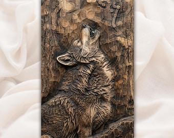 Howling Wolf 3D Relief STL | Wildlife Moonlight Scene Wood Grain Carving Panel | CNC Router File, 3D Print, Laser Engrave | Home Decor