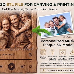 May include: A wooden plaque with a carved family portrait, featuring a father, mother, and two children. The plaque includes a music player interface with song details and the text "DIGITAL 3D STL FILE FOR CARVING & PRINTING".