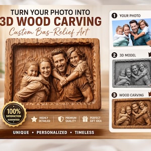 May include: A 3D wood carving of a family, showcasing a photo transformed into bas-relief art. The image includes text: "Turn Your Photo Into 3D Wood Carving Custom Bas-Relief Art." Additional text: "Unique, Personalized, Timeless." The carving is perfect for gifts, home decor, anniversaries, and memories.