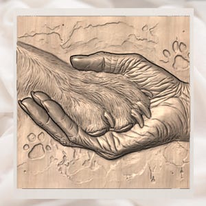 Human Hand Holding Dog Paw 3D Relief STL view 3