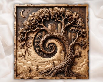 Árbol de la vida caprichoso en relieve 3D STL / Paisaje urbano con luna nocturna, panel de tallado de madera con enrutador CNC / Arte de pared surrealista / Placa de árbol sagrado